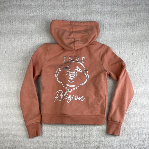 True religion Womens Sz XS Foil Silver Logo Buddha Full Zip Hoodie Pink - Picture 1 of 16